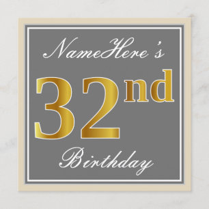 Elegant, grau, Imitate Gold 32. Geburtstag + Name Einladung