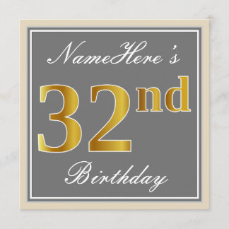Elegant, grau, Imitate Gold 32. Geburtstag + Name Einladung