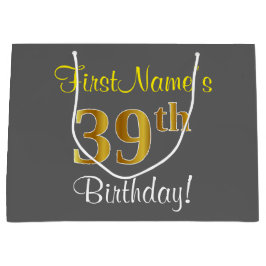 Elegant, grau, Imitate Gold 39. Geburtstag + Name Große Geschenktüte