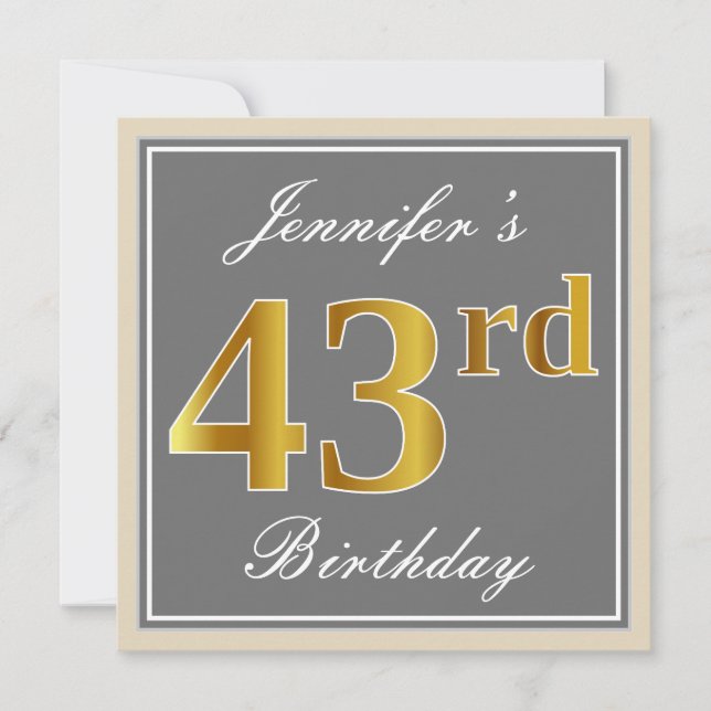 Elegant, grau, Imitate Gold 43. Geburtstag + Name Einladung (Vorderseite)