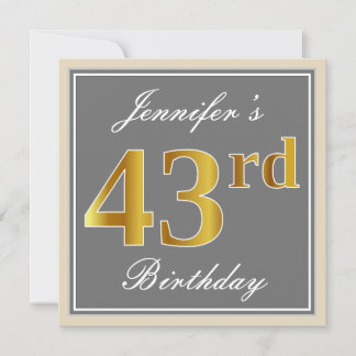 Elegant, grau, Imitate Gold 43. Geburtstag + Name Einladung