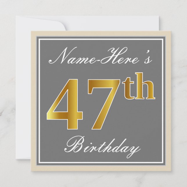 Elegant, Grau, Imitate Gold 47. Geburtstag + Name Einladung (Vorderseite)
