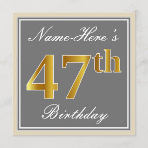 Elegant, Grau, Imitate Gold 47. Geburtstag + Name Einladung