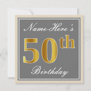 Elegant, grau, Imitate Gold 50. Geburtstag + Name Einladung