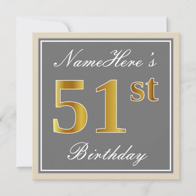 Elegant, Grau, Imitate Gold 51. Geburtstag + Name Einladung (Vorderseite)