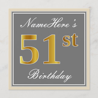 Elegant, Grau, Imitate Gold 51. Geburtstag + Name Einladung