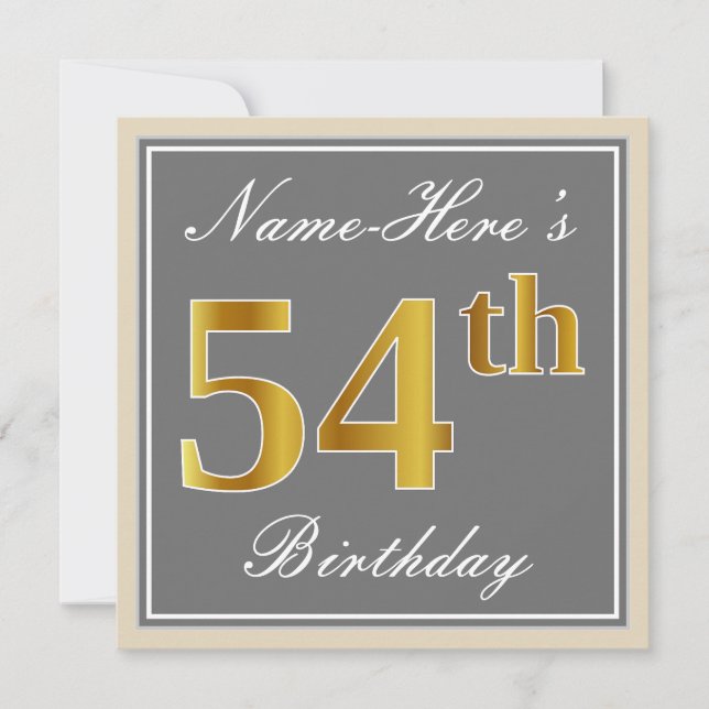 Elegant, grau, Imitate Gold 54. Geburtstag + Name Einladung (Vorderseite)