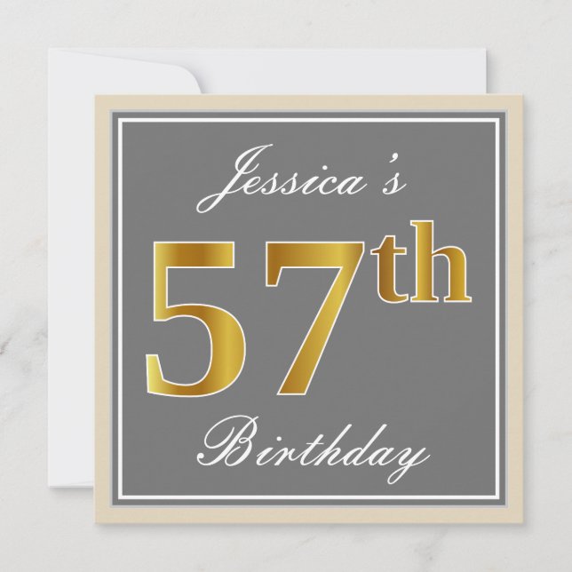 Elegant, grau, Imitate Gold 57. Geburtstag + Name Einladung (Vorderseite)