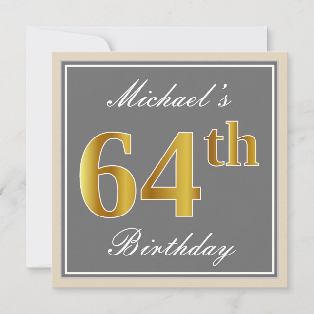 Elegant, grau, Imitate Gold 64. Geburtstag + Name Einladung (Vorderseite)