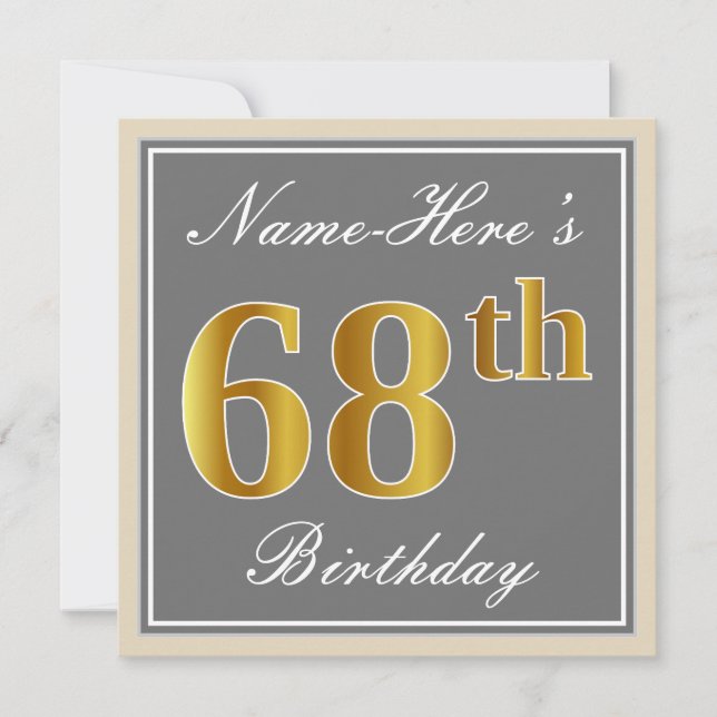 Elegant, grau, Imitate Gold 68. Geburtstag + Name Einladung (Vorderseite)