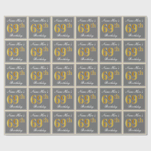 Elegant, grau, Imitate Gold 69. Geburtstag + Name Geschenkpapier