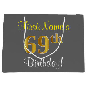 Elegant, grau, Imitate Gold 69. Geburtstag + Name Große Geschenktüte