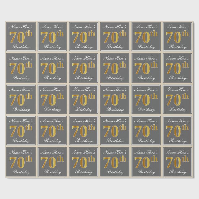Elegant, grau, Imitate Gold 70. Geburtstag + Name Geschenkpapier (Flach)