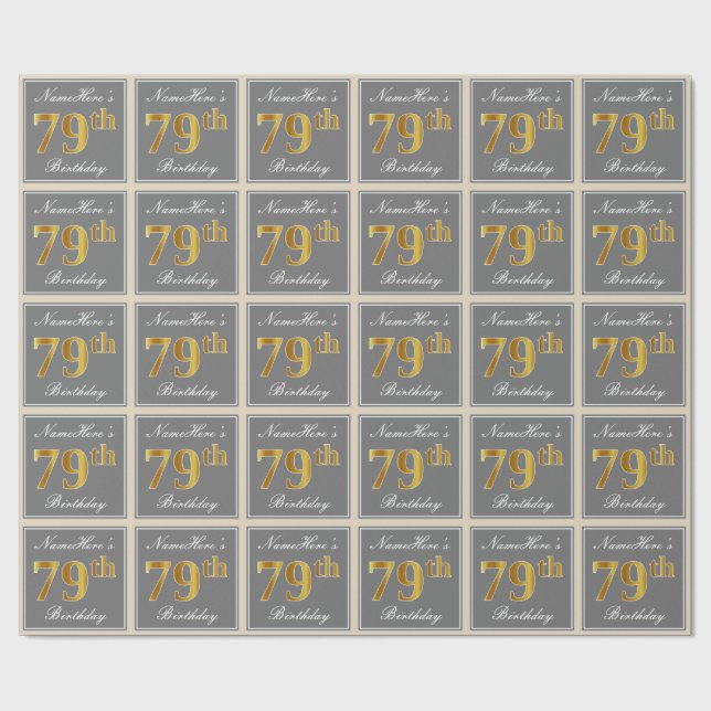 Elegant, grau, Imitate Gold 79. Geburtstag + Name Geschenkpapier (Flach)