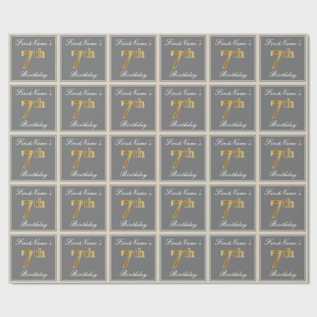Elegant, grau, Imitate Gold 7. Geburtstag; Individ Geschenkpapier (Flach)