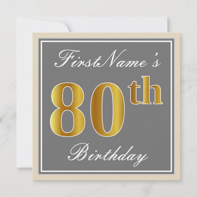 Elegant, grau, Imitate Gold 80. Geburtstag + Name Einladung (Vorderseite)