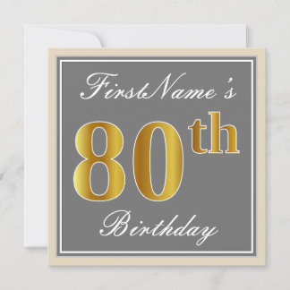Elegant, grau, Imitate Gold 80. Geburtstag + Name Einladung