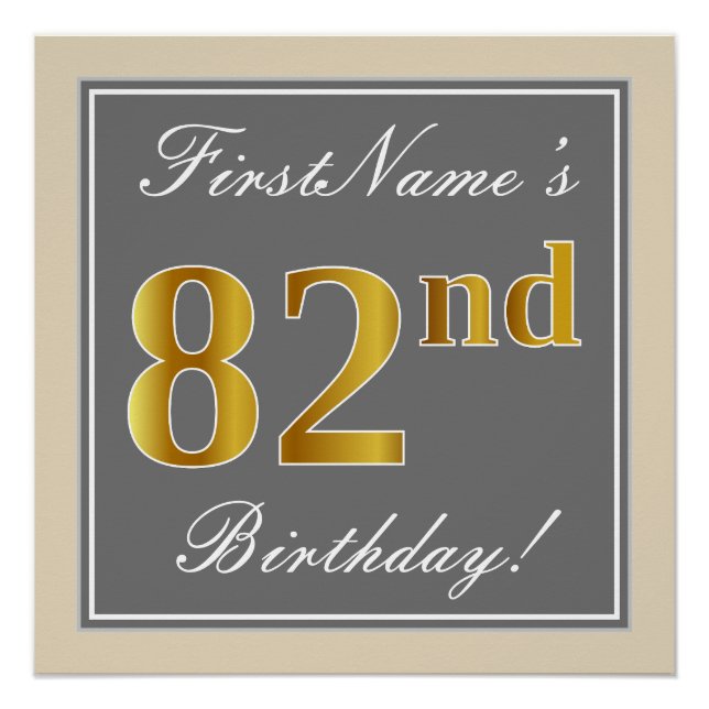 Elegant, grau, Imitate Gold 82. Geburtstag + Name Poster (Vorderseite)