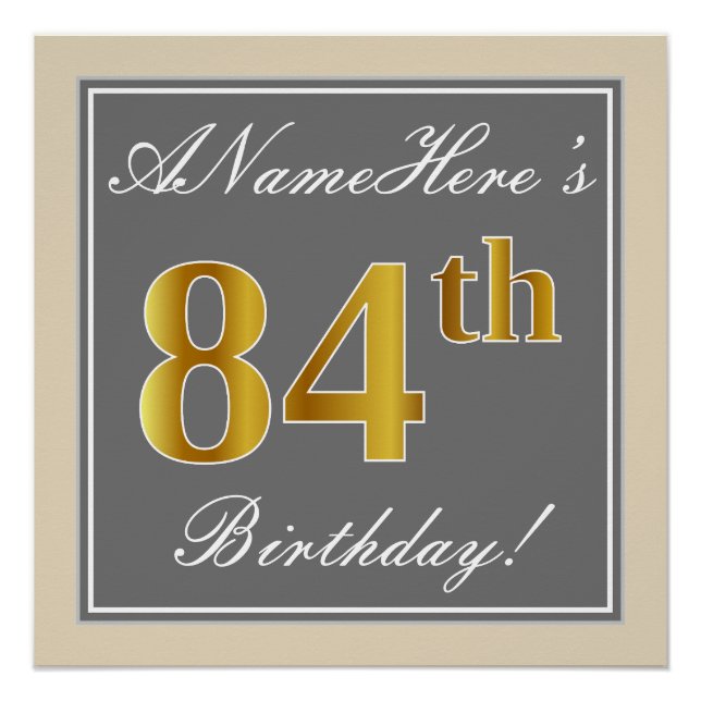 Elegant, grau, Imitate Gold 84. Geburtstag + Name Poster (Vorderseite)