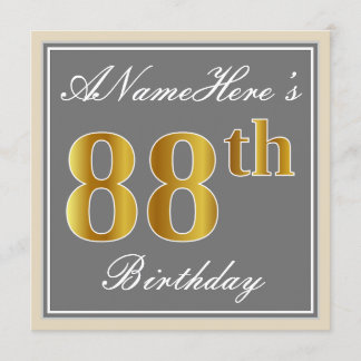 Elegant, grau, Imitate Gold 88. Geburtstag + Name Einladung