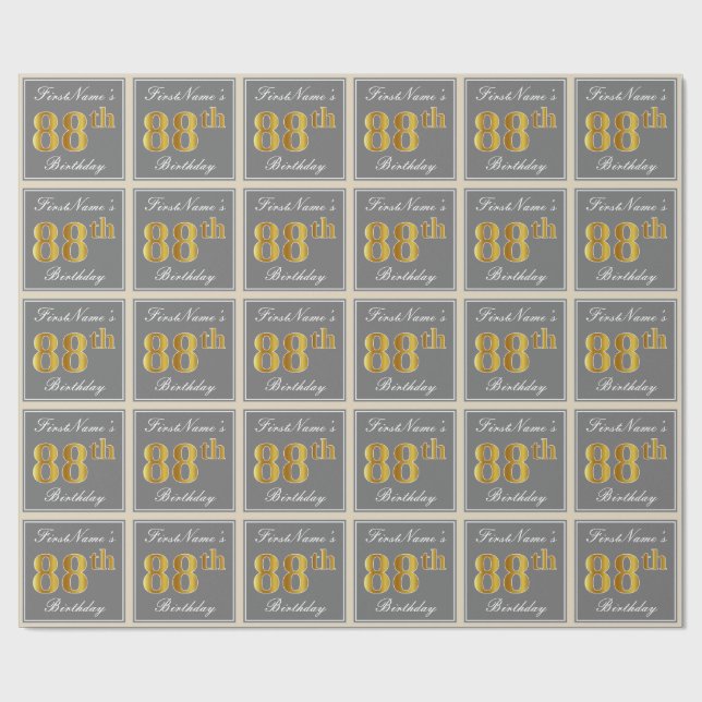 Elegant, grau, Imitate Gold 88. Geburtstag + Name Geschenkpapier (Flach)