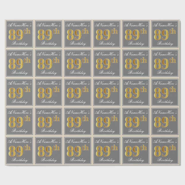Elegant, grau, Imitate Gold 89. Geburtstag + Name Geschenkpapier (Flach)
