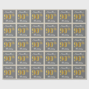 Elegant, grau, Imitate Gold 90. Geburtstag + Name Geschenkpapier