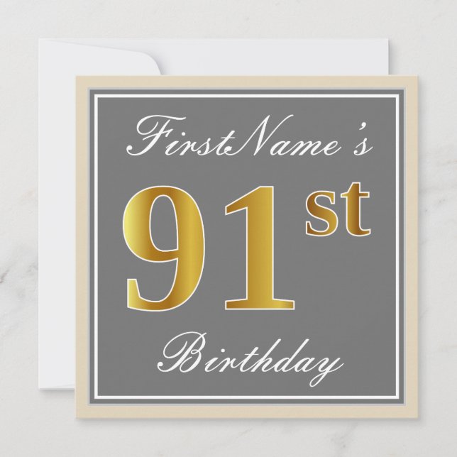 Elegant, Grau, Imitate Gold 91. Geburtstag + Name Einladung (Vorderseite)