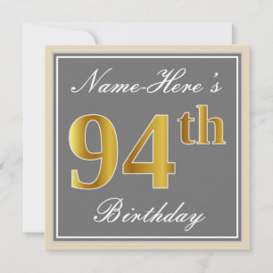 Elegant, grau, Imitate Gold 94. Geburtstag + Name Einladung
