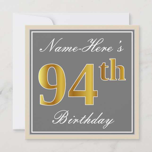 Elegant, grau, Imitate Gold 94. Geburtstag + Name Einladung (Vorderseite)