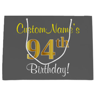 Elegant, grau, Imitate Gold 94. Geburtstag + Name Große Geschenktüte