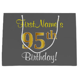 Elegant, grau, Imitate Gold 95. Geburtstag + Name Große Geschenktüte