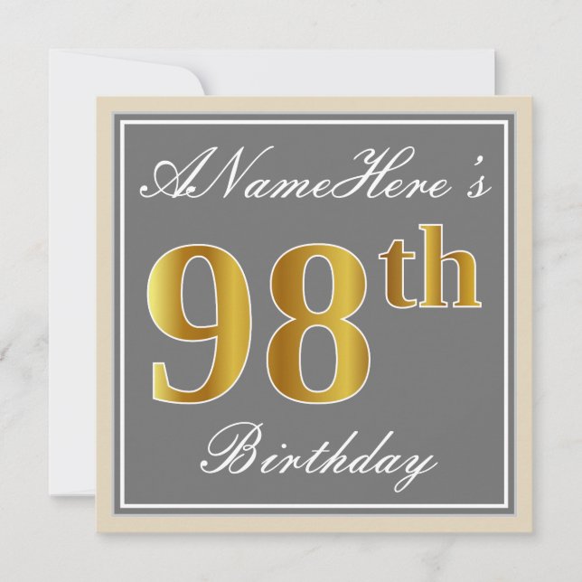 Elegant, grau, Imitate Gold 98. Geburtstag + Name Einladung (Vorderseite)