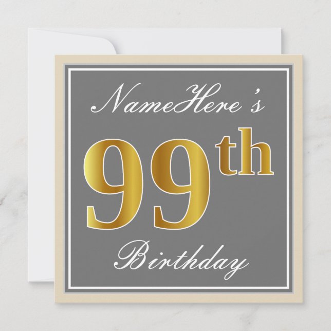 Elegant, grau, Imitate Gold 99. Geburtstag + Name Einladung (Vorderseite)