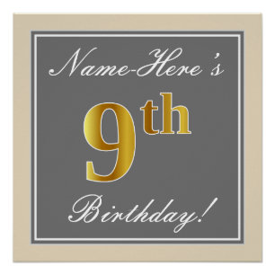 Elegant, grau, Imitate Gold 9. Geburtstag; Individ Poster