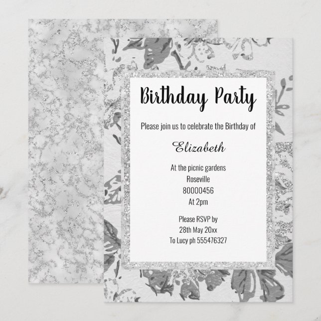 ELEGANT GRAU WHITE Marble Floral Glitzer Geburtsta Einladung (Vorne/Hinten)