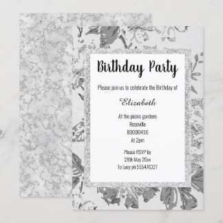 ELEGANT GRAU WHITE Marble Floral Glitzer Geburtsta Einladung
