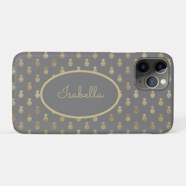 Elegant Graue und goldene Ananas Personalisiert Case-Mate iPhone Hülle (Rückseite (Horizontal))
