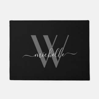 Elegant Gray Black Monogram Name Script Initial Fußmatte