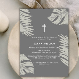 Elegant Gray Boho Blätter Cross Baptisse Einladung