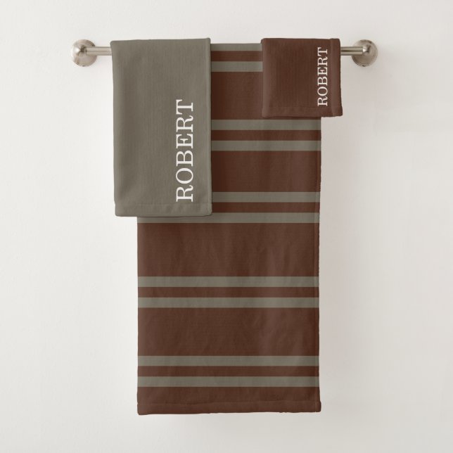 Elegant Gray &Brown Strips Pattern Custom Name Badhandtuch Set (Insitu)