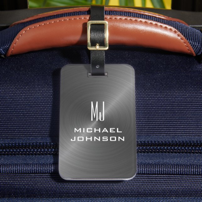 Elegant Gray Brushed Metallic Mit Monogramm Initia Gepäckanhänger (Vorderseite Insitu 2)