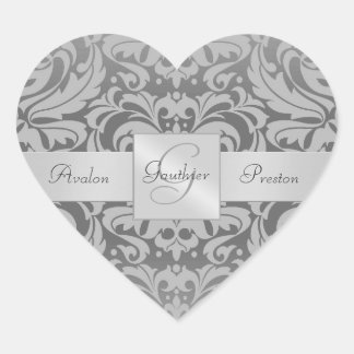 Elegant Gray Damask Heart Wedding Sticker