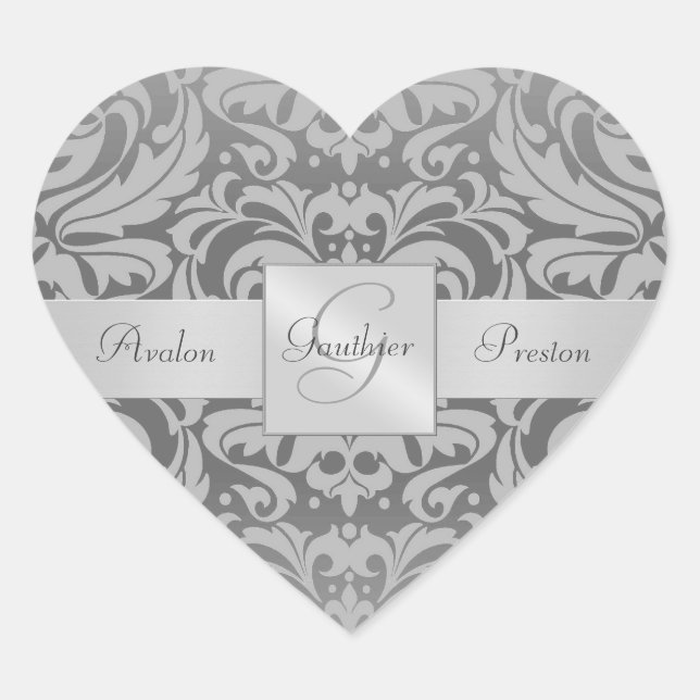 Elegant Gray Damask Heart Wedding Sticker (Vorderseite)