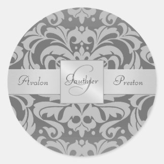 Elegant Gray Damask Monogram Wedding Sticker