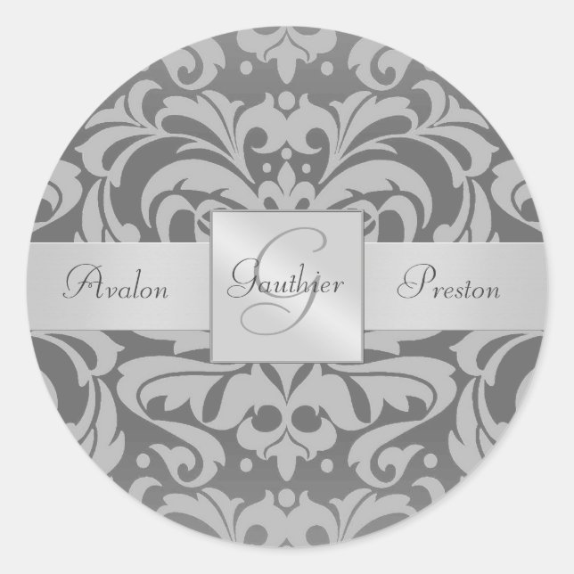 Elegant Gray Damask Monogram Wedding Sticker (Vorderseite)