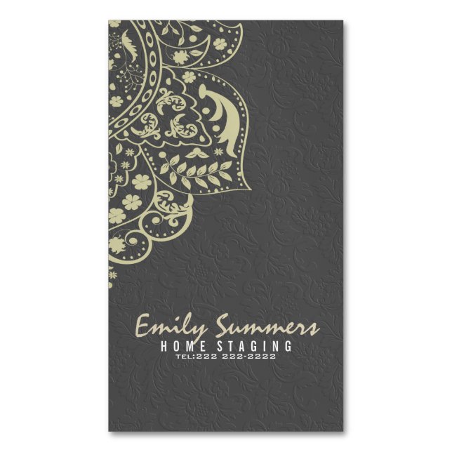 Elegant Gray Damasks Beige Vintag Lace Magnetische Visitenkarte (Vorderseite Vertikal)