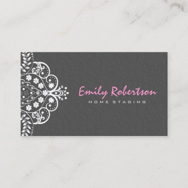 Elegant Gray Damasks White Vintag Lace 2a Visitenkarte (Vorderseite)