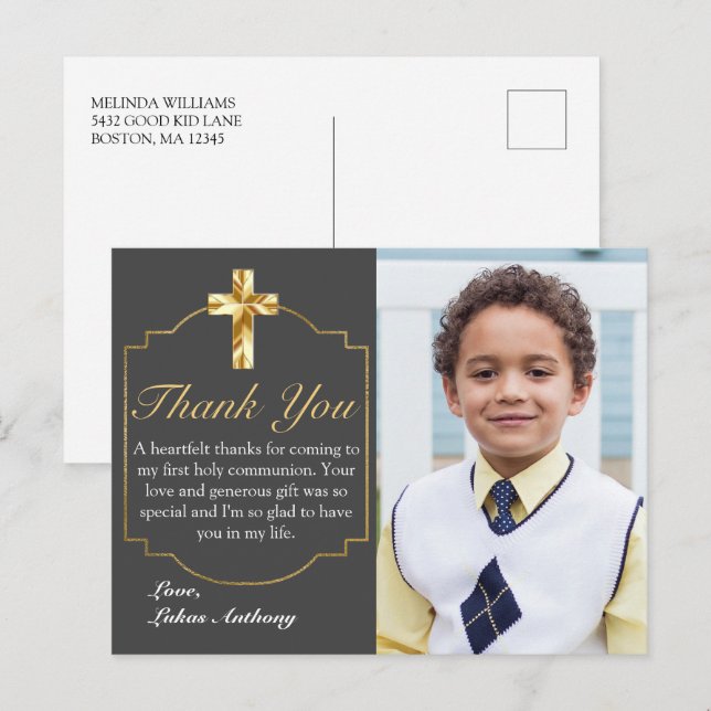 Elegant Gray Gold Cross 1. Kommunion Vielen Dank Postkarte (Vorne/Hinten)