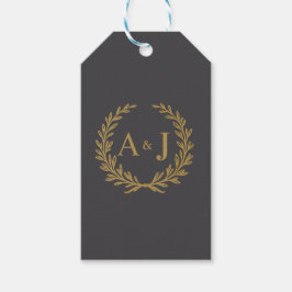 Elegant Gray Gold Laurel Wreath Monogram Wedding Geschenkanhänger